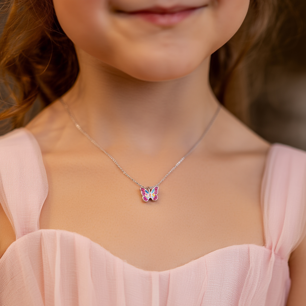 Children's Silver Butterfly Necklace and earrings with Epoxy