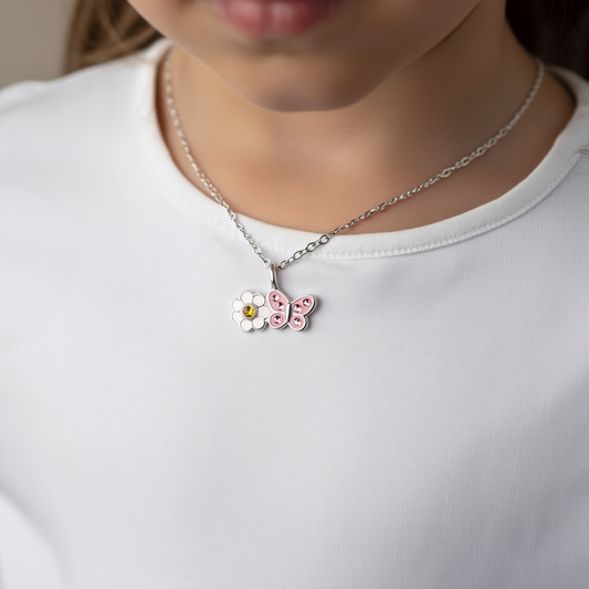 Daisy Flower with Butterfly Children's Sterling Silver Necklace with Crystal and Epoxy