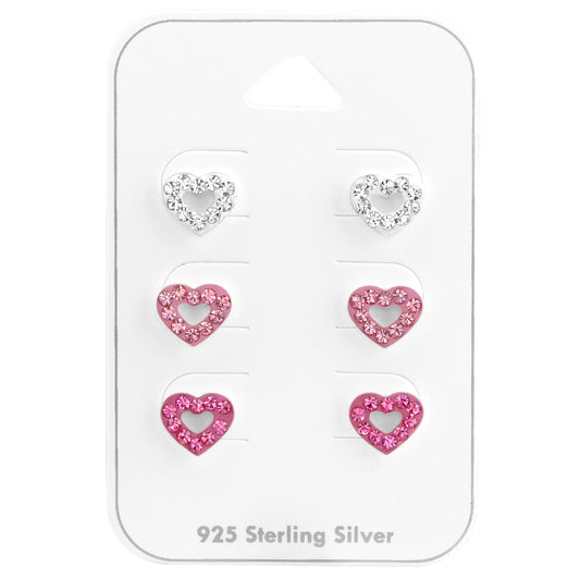 Silver hearts Ear Studs Set with Crystal