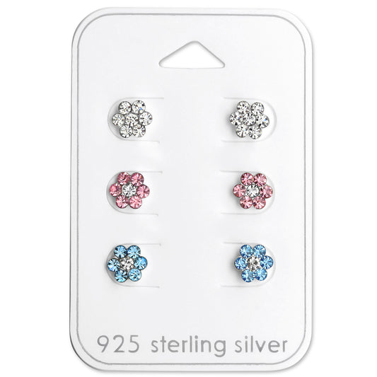 Silver Flower Ear Studs Set with Crystal