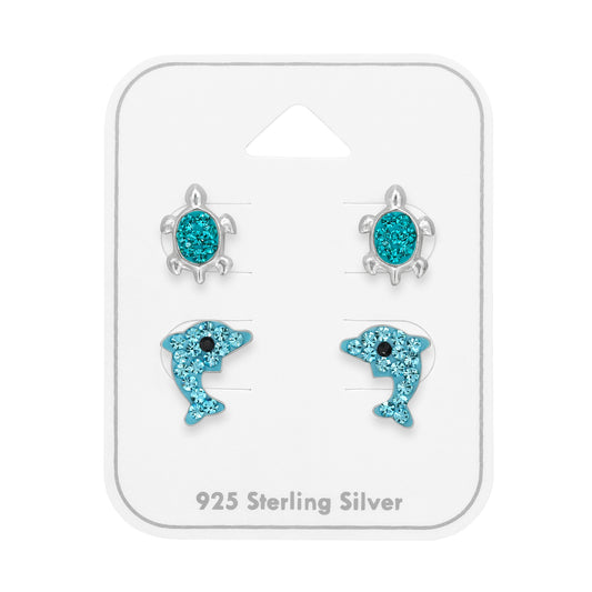 Turtle and Dolphin Children's Sterling Silver Ear Studs Set on Card with Crystal