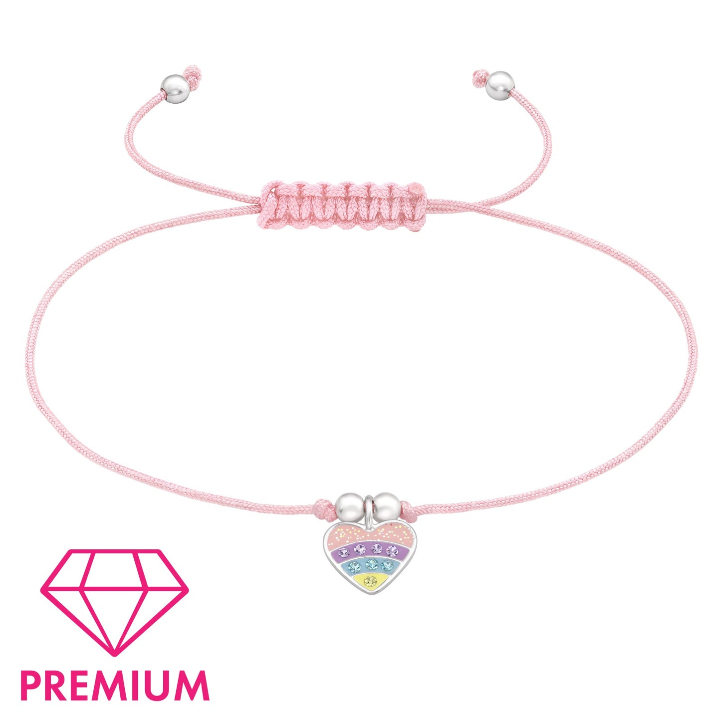 Silver Heart Adjustable Corded Bracelet with Crystal and Epoxy