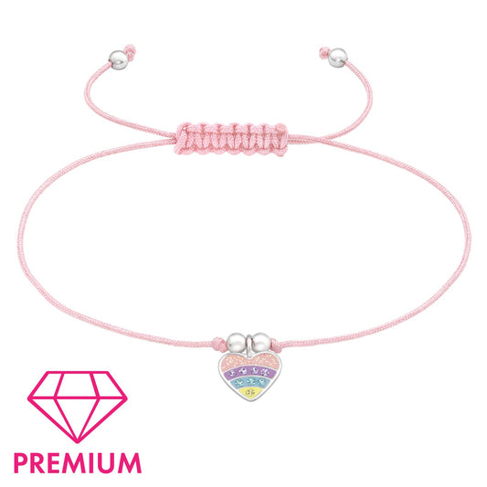 Silver Heart Adjustable Corded Bracelet with Crystal and Epoxy