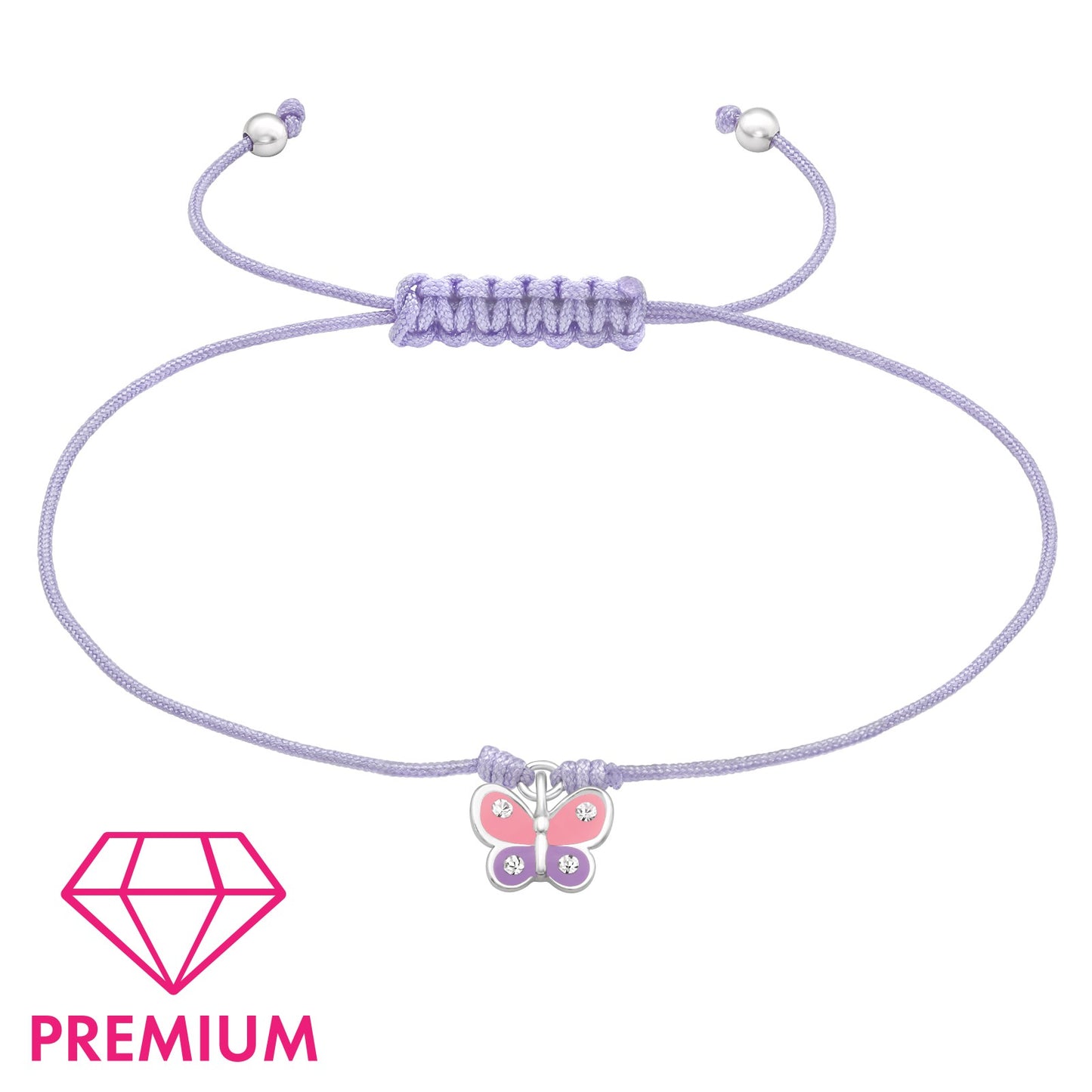 Silver Butterfly Adjustable Corded Bracelet with Crystal and Epoxy