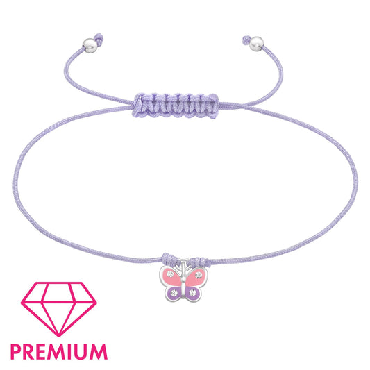 Silver Butterfly Adjustable Corded Bracelet with Crystal and Epoxy