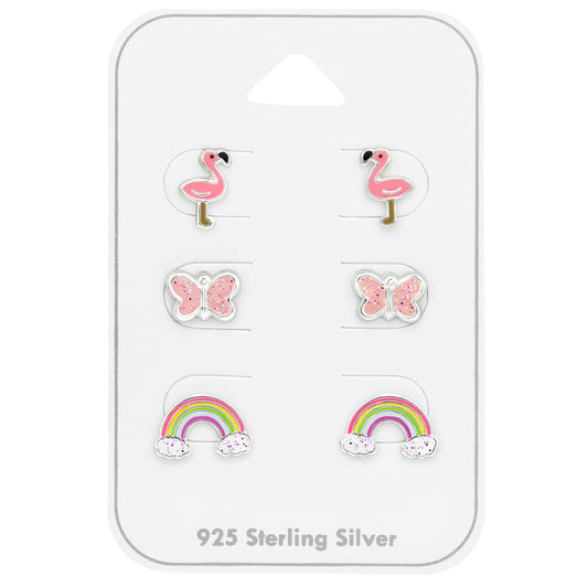 Flamingo, Butterfly and Rainbow Children's Sterling Silver Set and Jewelry on Card with Epoxy