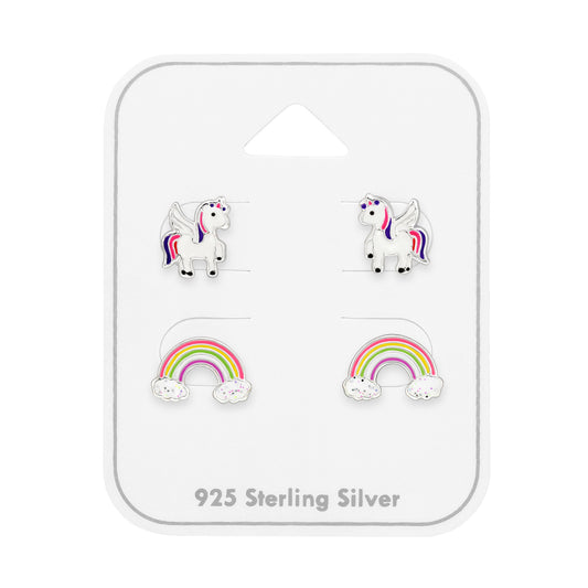 Unicorn and Rainbow Children's Sterling Silver Ear Studs Set