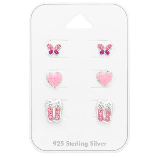 Children's Silver Pink Ear Studs Set with Crystal and Epoxy