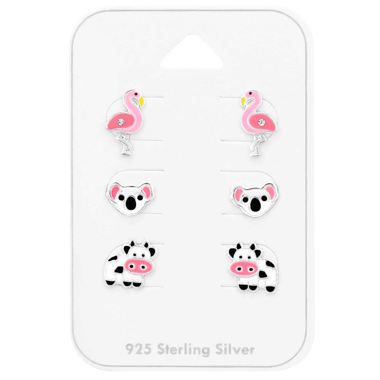 Children's Silver Animal Ear Studs Set on Card with Crystal and Epoxy