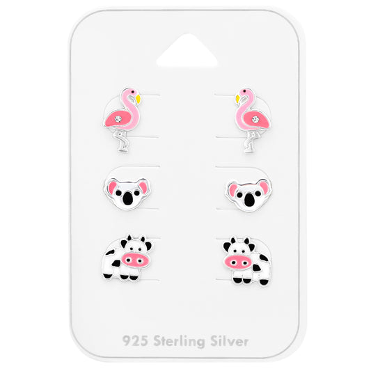 Children's Silver Animal Ear Studs Set on Card with Crystal and Epoxy