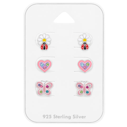 Children's Silver Insects Ear Studs Set on Card with Crystal and Epoxy