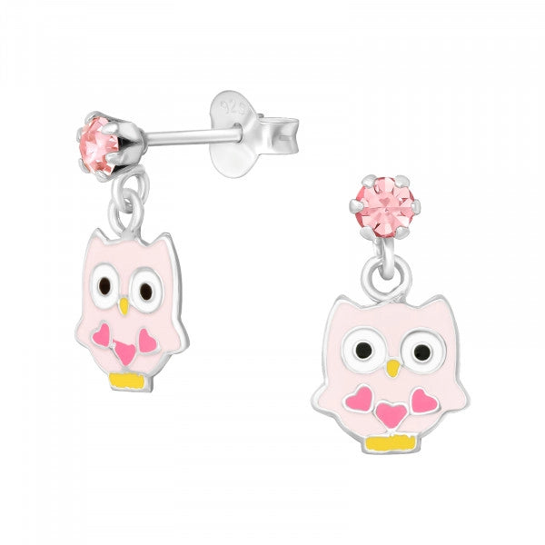 Children's Silver Ear Studs with Hanging Epoxy Owl and Genuine European Crystals