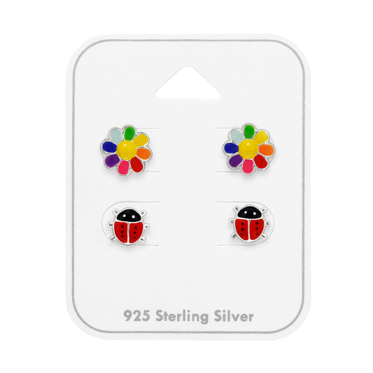 Sun Flower and Ladybug Children's Sterling Silver Ear Studs Set on Card with Epoxy