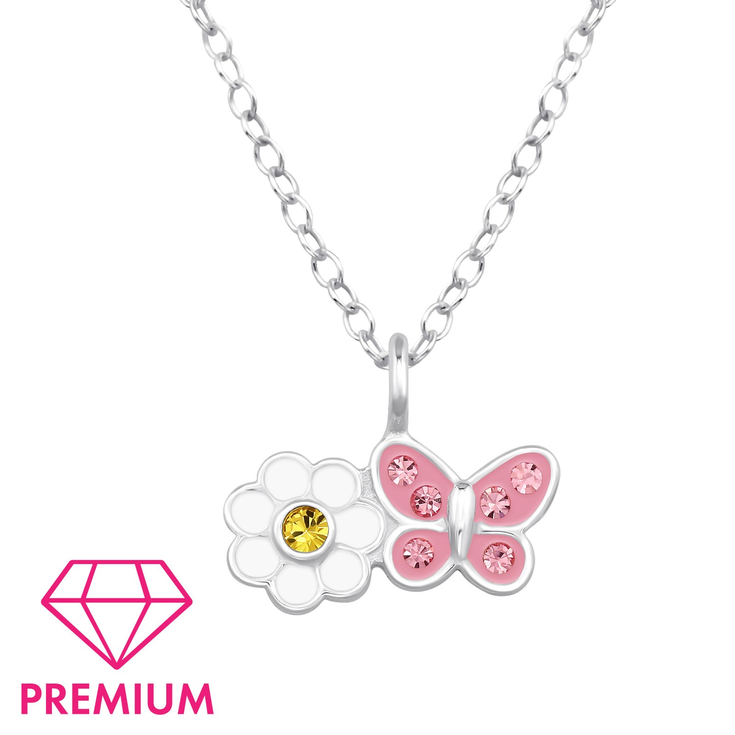 Butterfly-shaped pendant with a yellow gemstone on a silver chain against a white background.