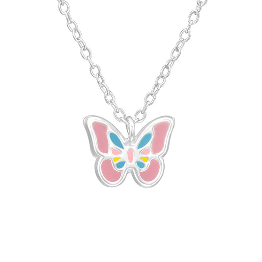 Children's Silver Butterfly Necklace and earrings with Epoxy