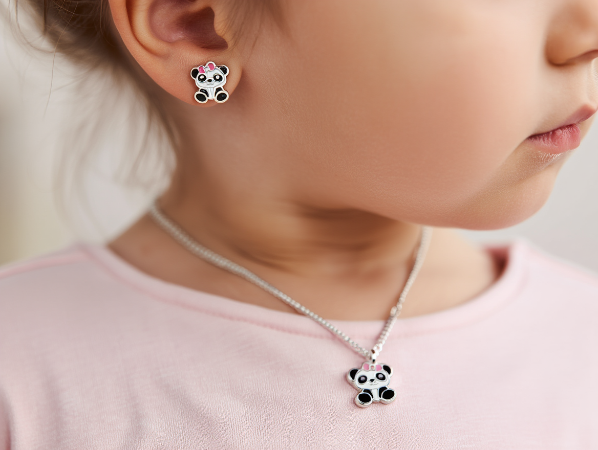 Children's Silver Panda Necklace and earrings with Epoxy