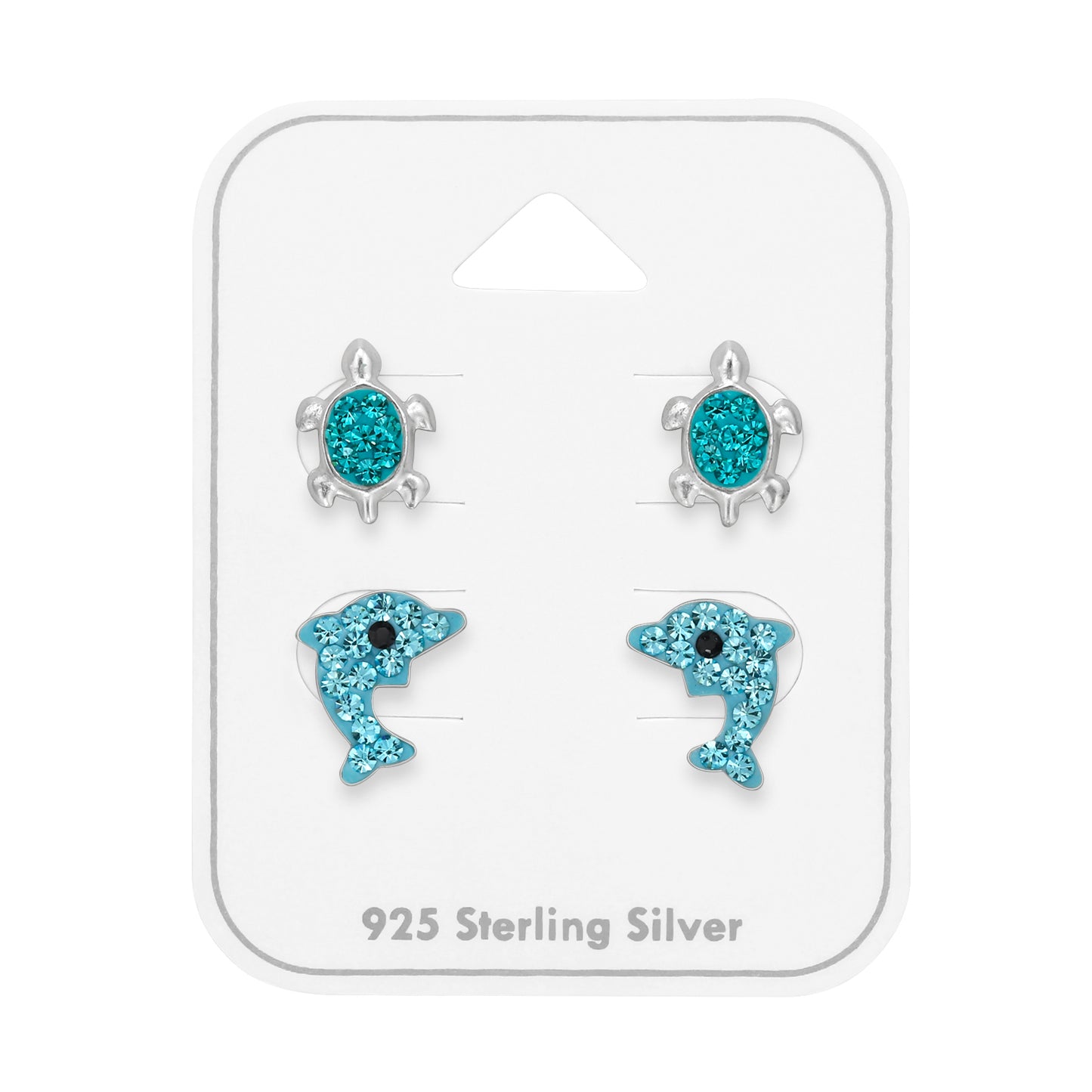 Turtle and Dolphin Children's Sterling Silver Ear Studs Set on Card with Crystal