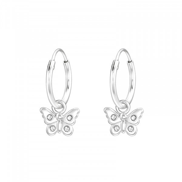 Children's Silver Ear Hoops with Hanging Butterfly and Crystal