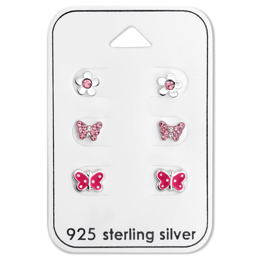 Silver Butterfly Ear Studs Set with Crystal and Epoxy on Card
