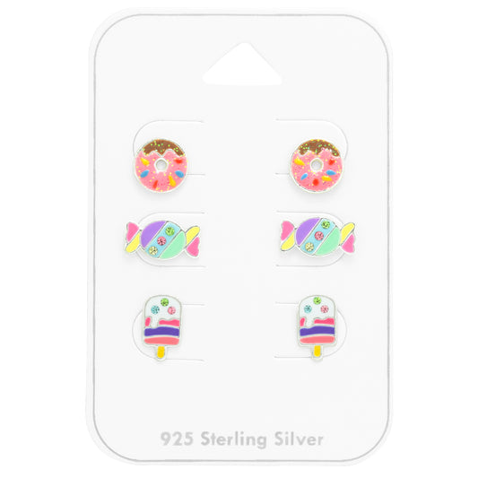 Children's Silver Dessert Ear Studs Set with Crystal