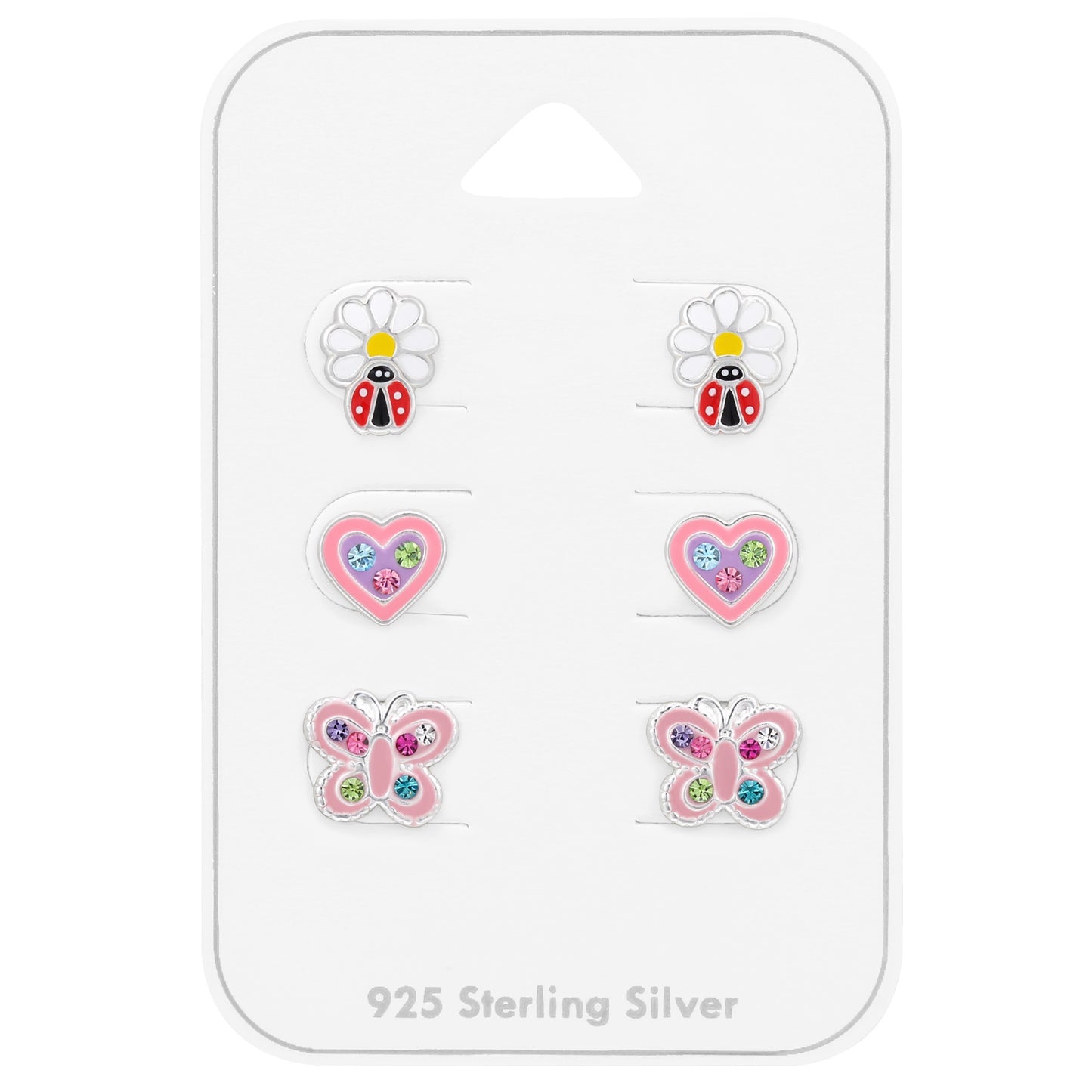 Children's Silver Insects Ear Studs Set on Card with Crystal and Epoxy