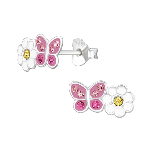 Daisy Flower with Butterfly Children's Sterling Silver Necklace and earrings with Crystal and Epoxy