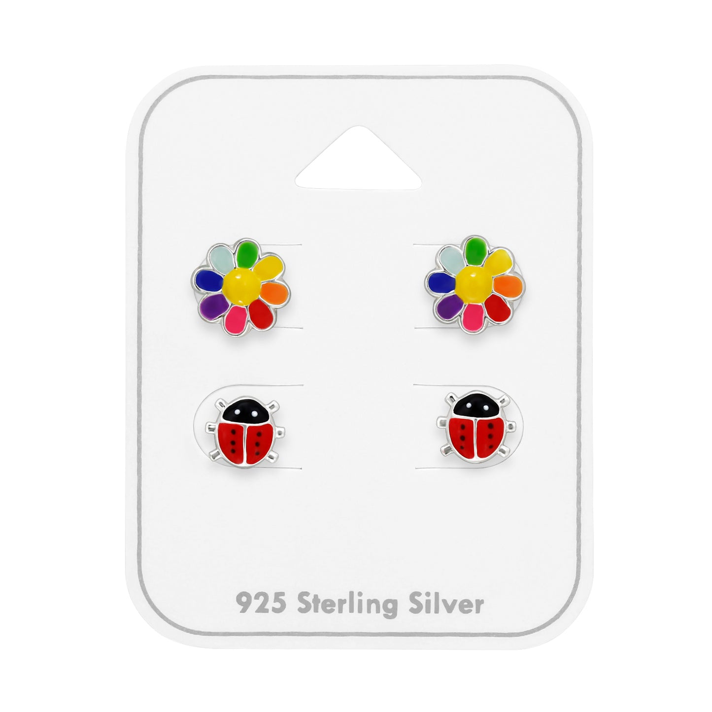 Sun Flower and Ladybug Children's Sterling Silver Ear Studs Set on Card with Epoxy