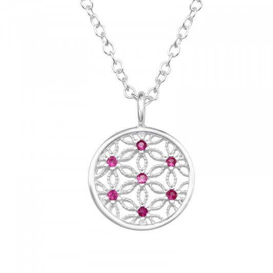 10mm Flower Sterling Silver 45cm Necklace with 7 Cubic Zirconias (RUBY CORUNDUM )
