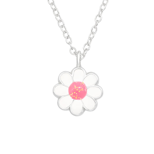 Children's Silver Flower Necklace and earrings with Epoxy