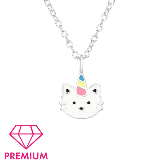 Children's Silver Caticorn Necklace and earrings  with Epoxy