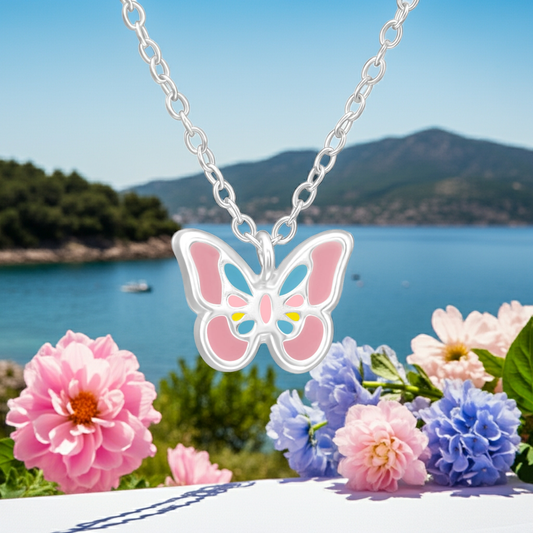 Children's Silver Butterfly Necklace and earrings with Epoxy